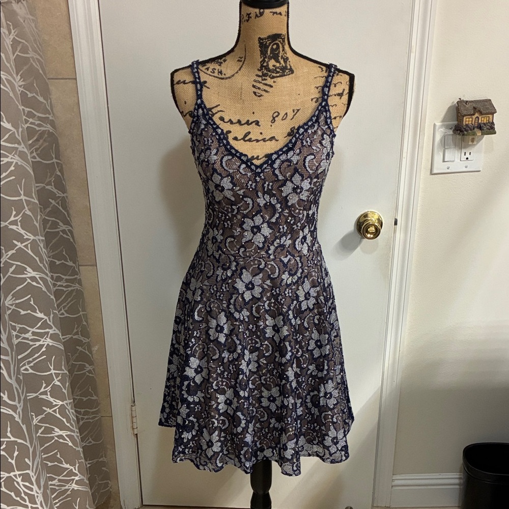Xscape Floral Lace A-Line Slip Dress - Navy and White Size 12